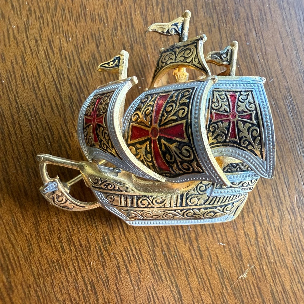 Vintage Damascene Spanish Galleon Ship Brooch Gold & Silver Tone